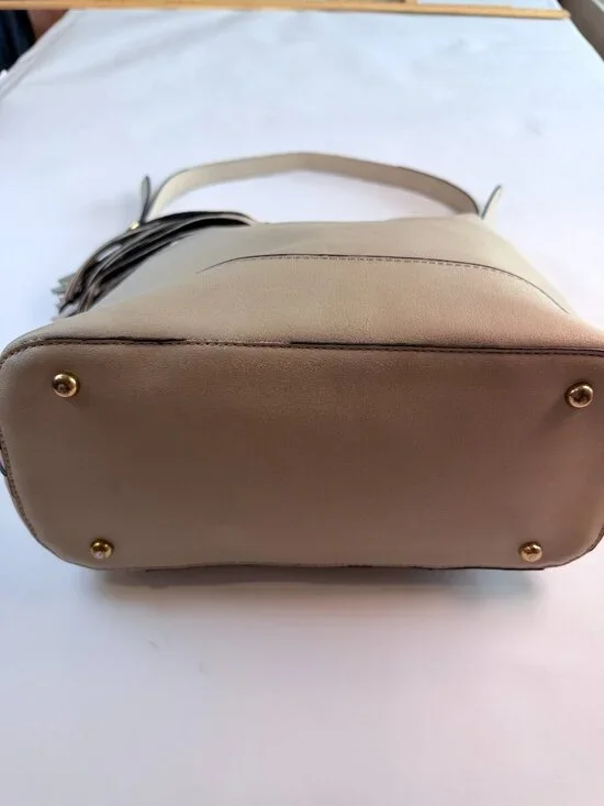 Lulu Dharma Napa Vegan Leather Tassel Hobo Bag Stone Gray Beige Shoulder Handbag - Picture 11 of 14